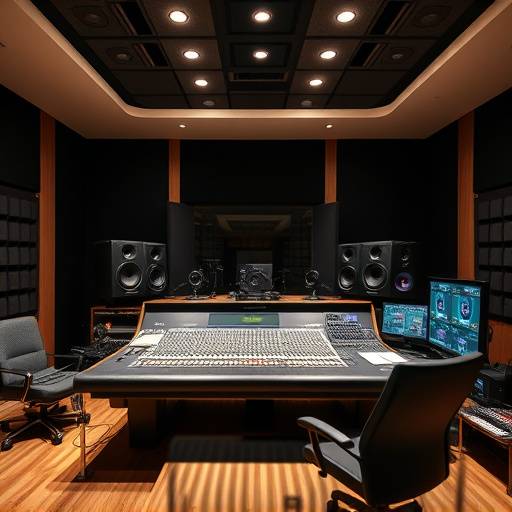 Professionelt lydstudie kontrolrum med mixing pult og monitorer